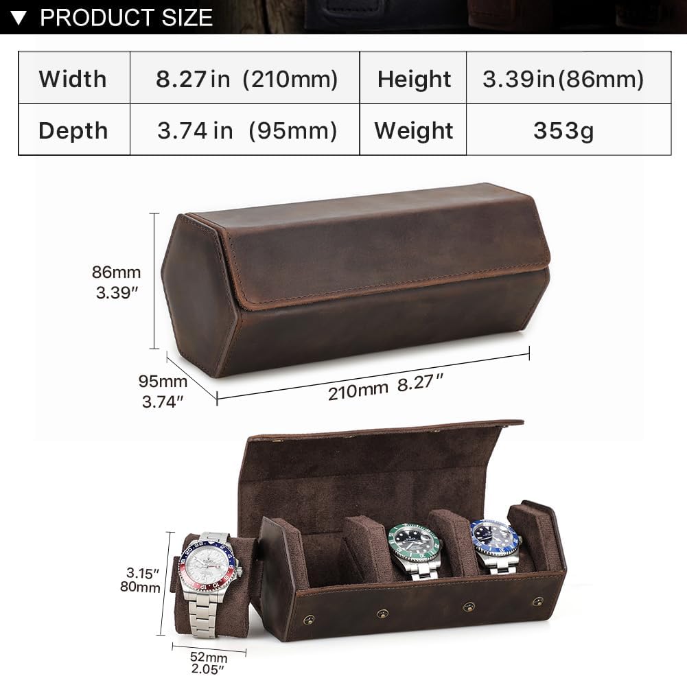 Full Grain Leather Watch Case for 3 Travel Watch Box Hexagon Watches Roll for Men