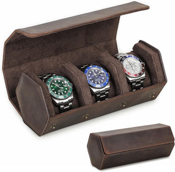 Full Grain Leather Watch Case for 3 Travel Watch Box Hexagon Watches Roll for Men